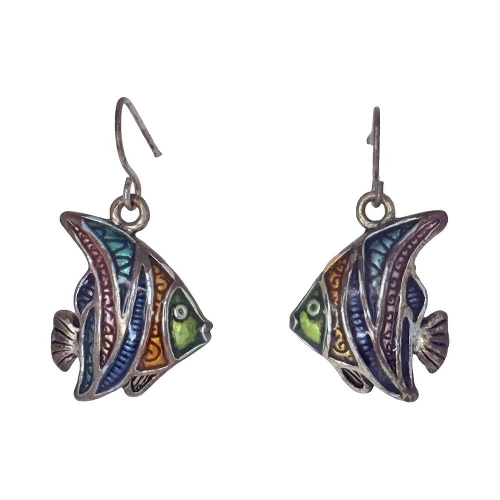 Vintage Silver-Tone Angelfish Dangle Earrings 1" Multi-Color Enamel, Nautical